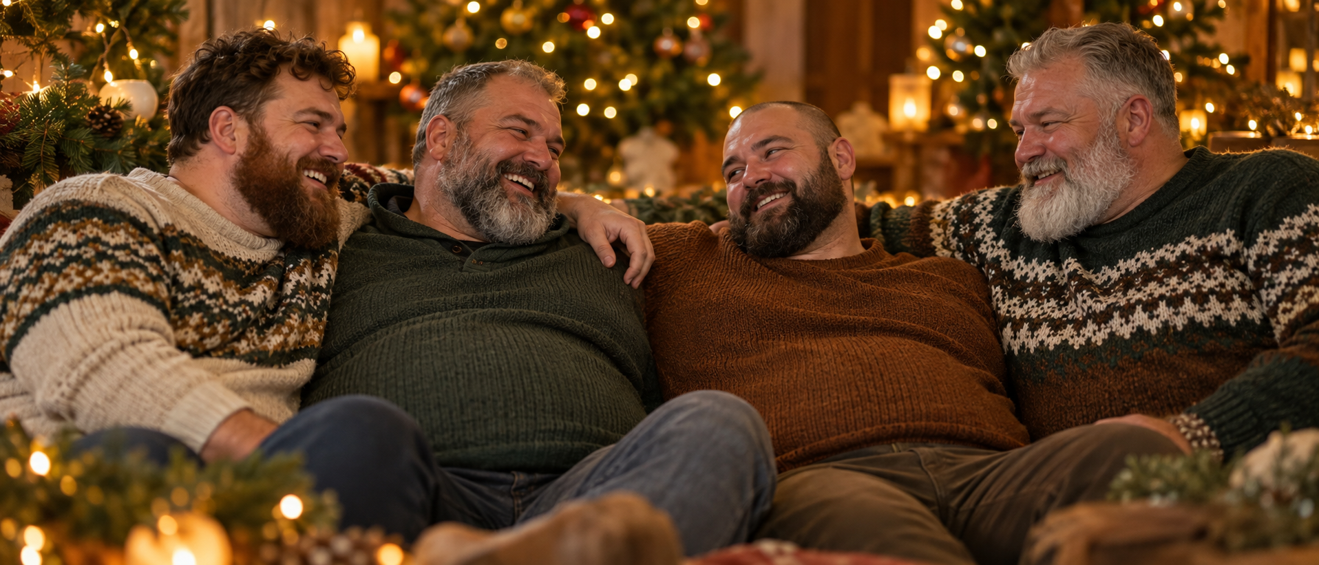 Quatre amis barbus réunis dans une ambiance chaleureuse de Noël