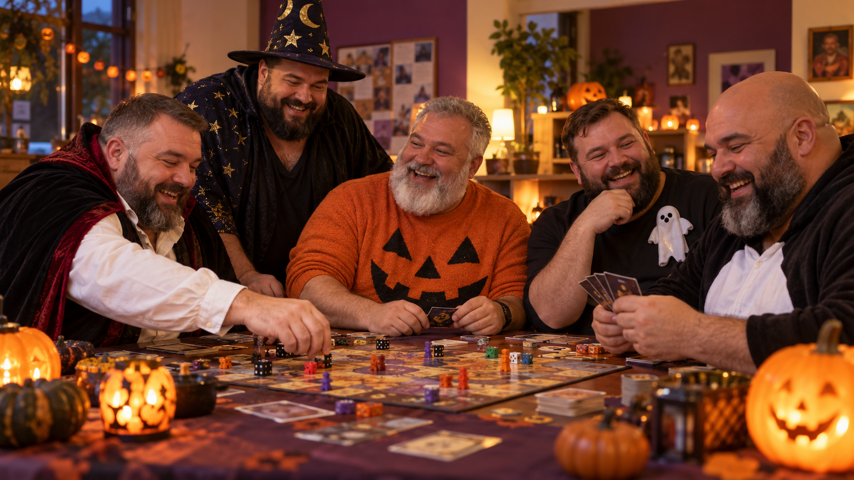 Des ours déguisés partagent une soirée jeux de société dans une ambiance Halloween